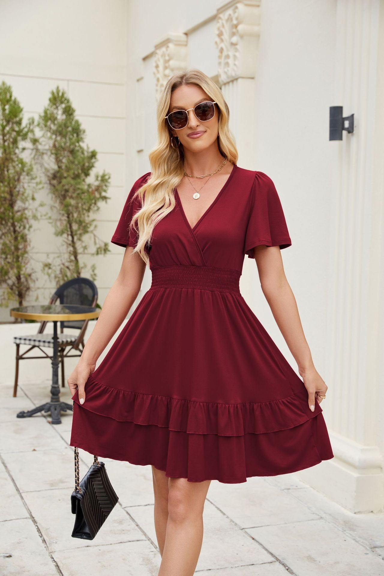V Neck Short Sleeve Flowy Mini Dress V Neck Short Sleeve Flowy Mini Dress