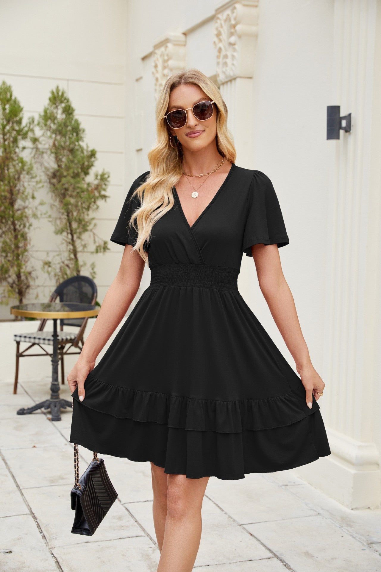 V Neck Short Sleeve Flowy Mini Dress
